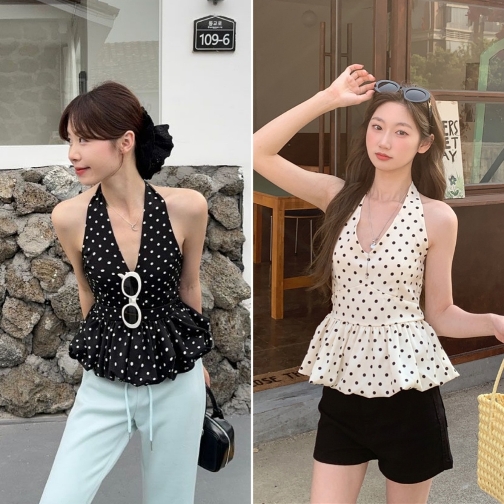 Bella Shop เสื้อกล้ามลายจุด เสื้อยืดโชว์ไหล่ ดีไซน์คอวี โบว์ริบบิ้น ผ้าเนื้อนุ่ม ใส่สบาย กระชับสัดส่วน