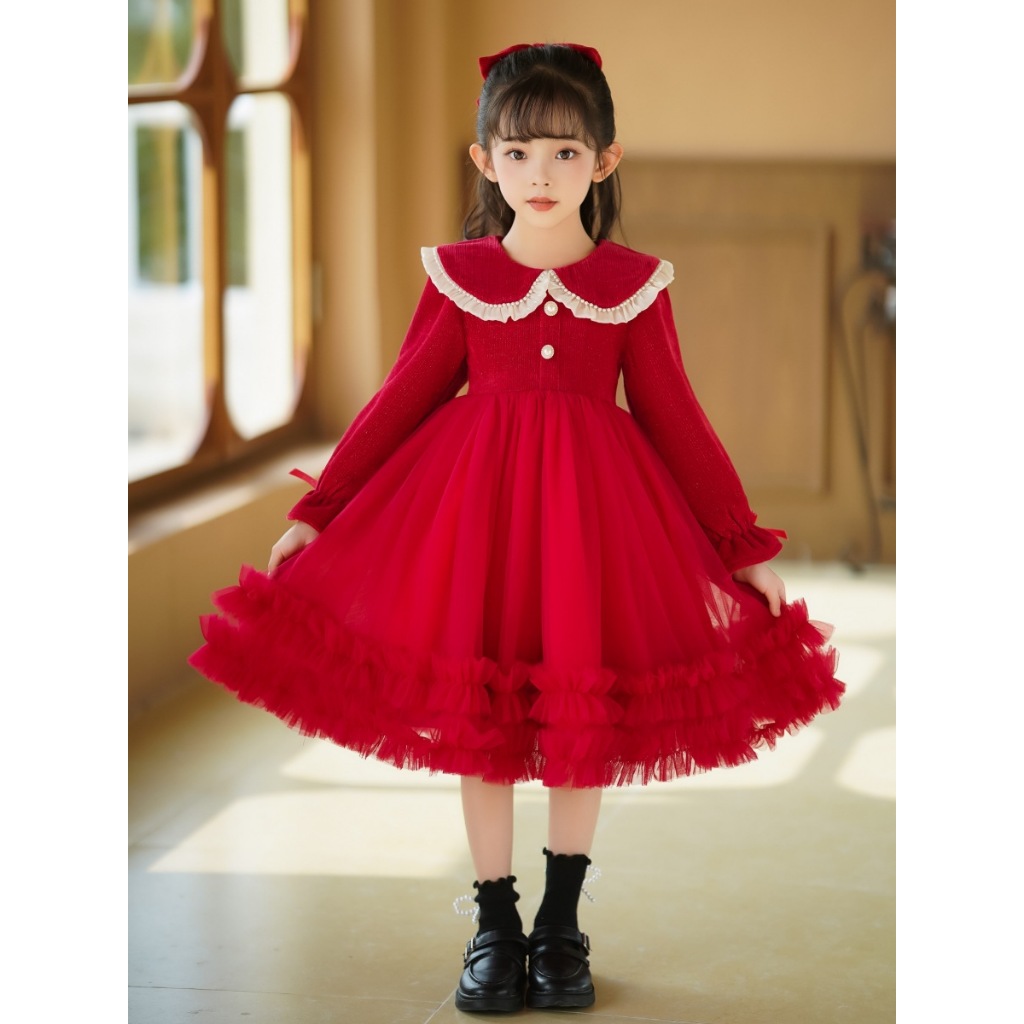 ชุดคริสมาสต์สีแดงแขนยาวกระโปรงฟู เดรสกระโปรงพรีเมี่ยมสีแดง Premium christmas dress ชุดกระโปรงแขนยาว