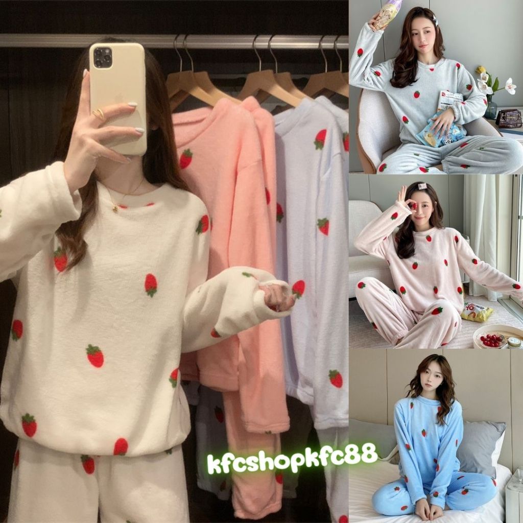 🌟KFC🌟ชุดนอนผ้านาโน 🍓ลายสตอเบอรี่ 🍓ขนนิ่ม แขนยาว/ขายาว สีพื้น #SL07