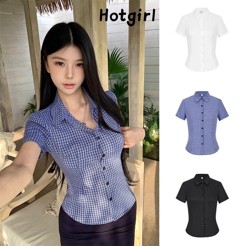 Hotgirl พร้อมส่ง เสื้อเชิ้ตแขนสั้นเซ็กซี่สำหรับผู้หญิง ดีไซน์เพรียวบางพอดี สไตล์สาวฮอตเกาหลี