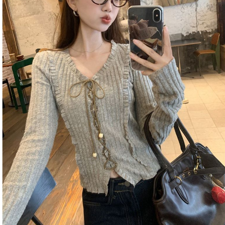 Lalisa พร้อมส่ง🍑เสื้อแขนยาวผู้หญิง คอวีแต่งเซื่อกผูก สีน้ำตาลดีไซน์เรียบหรูเสื้อกันหนาวเสื้อคาร์ดิแกนงานสวยแฟชั่นเกาหลี - รูปที่ 5