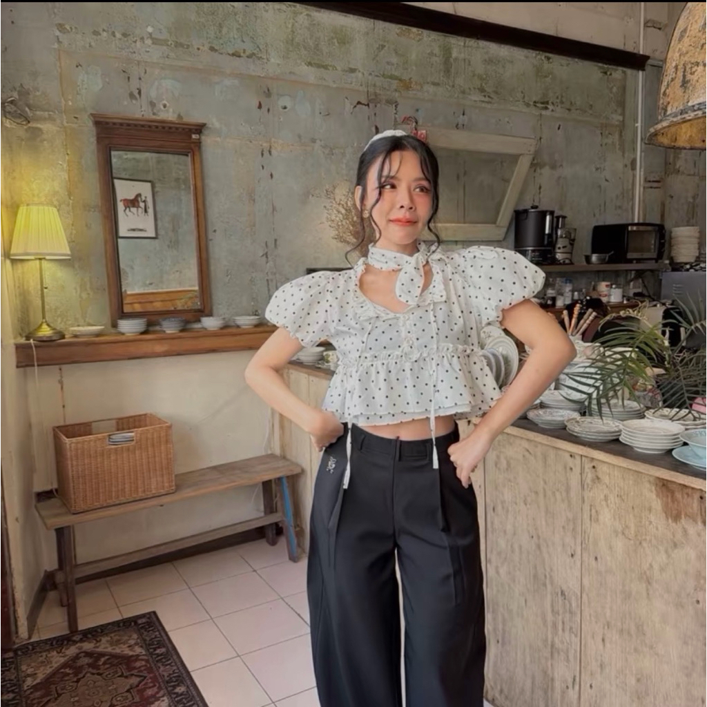 เสื้อลายจุดแขนพอง  ไซส์ 2📌 new ป้าย montha studio