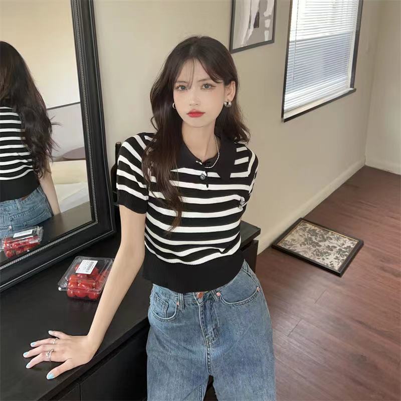 พร้อมส่ง*💕เสื้อคอปก ไหมพรม เสื้อครอปคอปก29019*