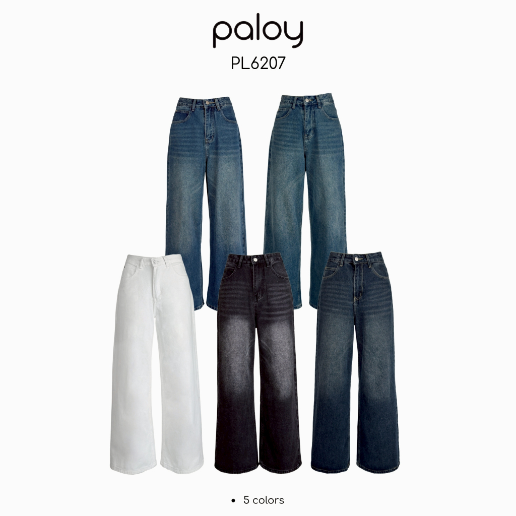 Paloy - PL6207 กางเกงยีนส์ขากระบอกใหญ่ แต่งเฟด