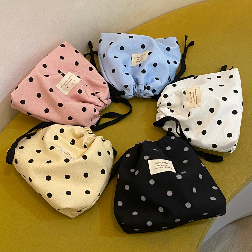 ถุงผ้าหูรูดลายจุดน่ารักๆ สีพาสเทล มีซับใน รุ่น mimiidot flure.bags