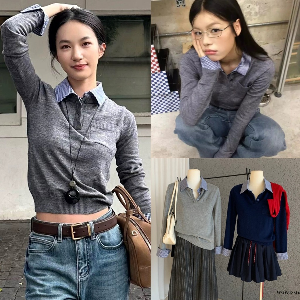 W7928 เสื้อแขนยาว ผ้าทอเนื้อนิ่ม แต่คอปกและปลายแขนเป็นผ้าเชิ้ต แฟชั่นเกาหลี TAG WG.WE