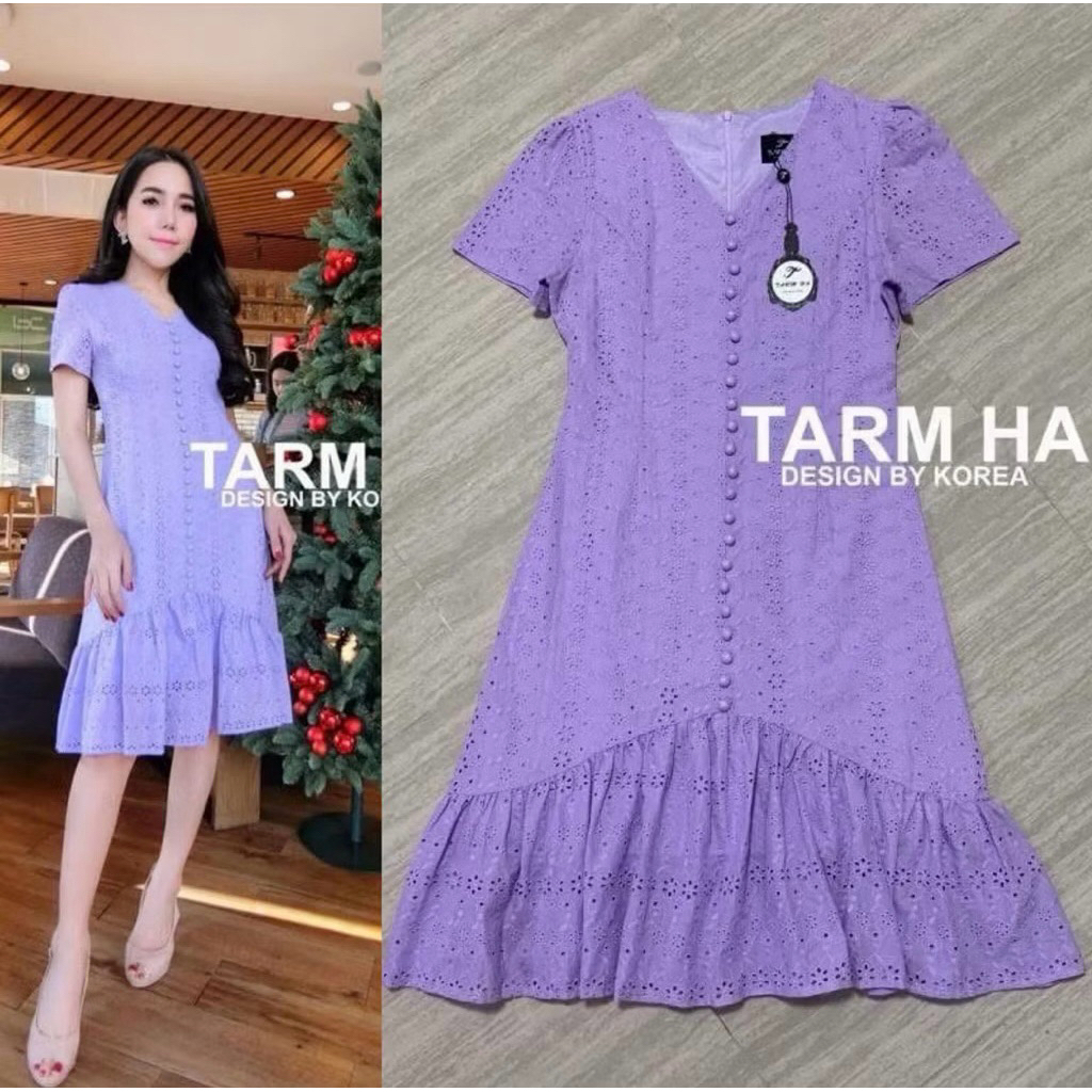 ‼️พร้อมส่ง‼️(S-5XL)Tarm-Ha🎯Dress••เดรสฉลุม่วงพาสเทล งานกระดุมหลอก ซิปหลัง ชายกระโปรงแต่งระบายสวย