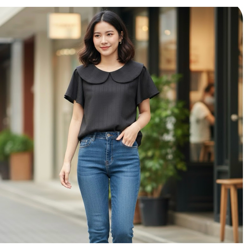 เสื้อดำคอบัวแขนปล่อยอก 40 ยาว 23 เนื้อผ้าด็อกใส่เที่ยวใส่ทำงานสไตล์ผู้หญิงคอลเลคชั่นใหม่