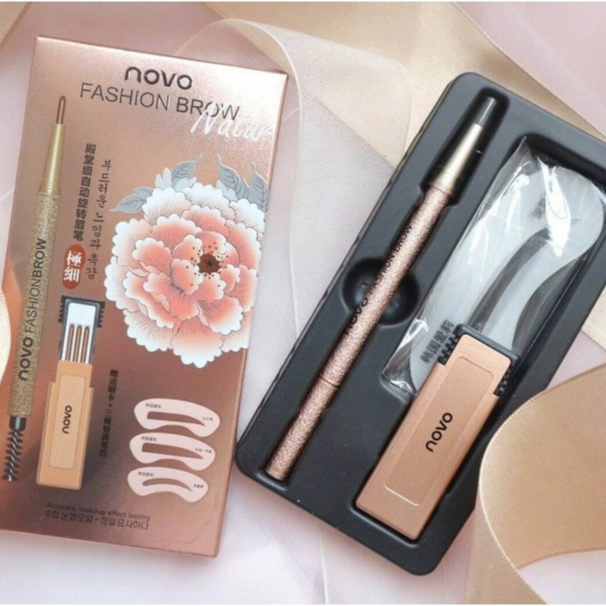 ดินสอเขียนคิ้ว NOVO Fashion Eyebrow ดินสอมีหัวรีฟีล + บล็อคคิ้ว ปาดง่าย คุ้มค่า -- 5146