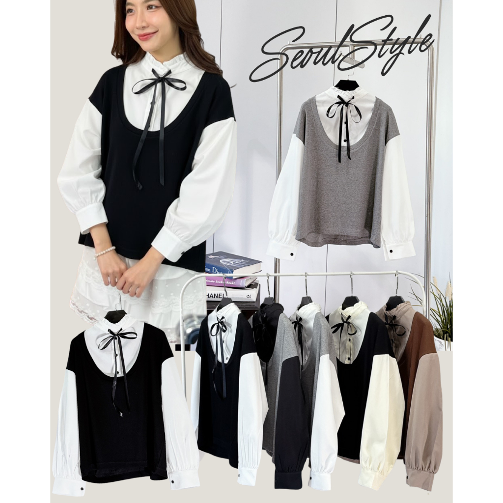SEOUL อก46ยืดได้ถึง54เสื้อแขนยาวผ้าคัตตอลแมทช์ผ้ายืดร่องเกาหลีมากกก มีริบบิ้นเล็กๆมัดโบว์น่ารักมาก2656