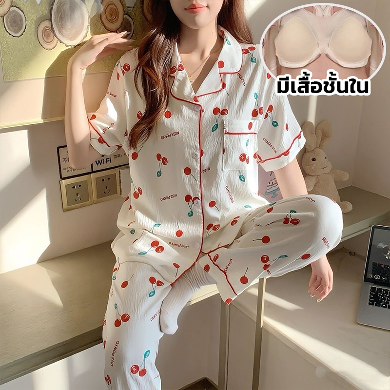 ชุดนอนแขนสั้นขายาว มีบราในตัว ชุดนอนผ้าไหมญี่ปุ่น บิ๊กไซส์4XL - รูปที่ 5