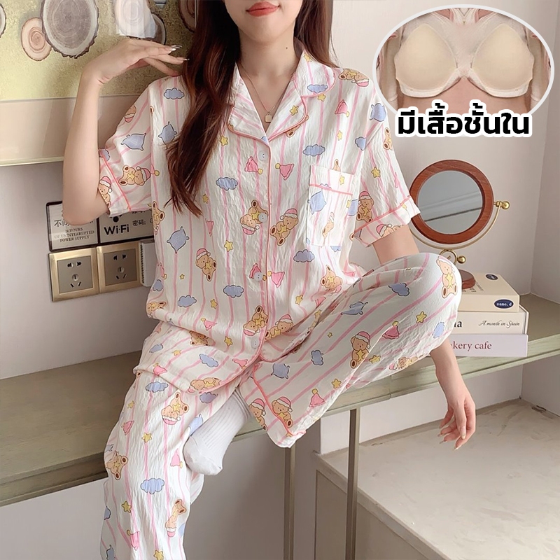 ชุดนอนแขนสั้นขายาว มีบราในตัว ชุดนอนผ้าไหมญี่ปุ่น บิ๊กไซส์4XL - รูปที่ 6