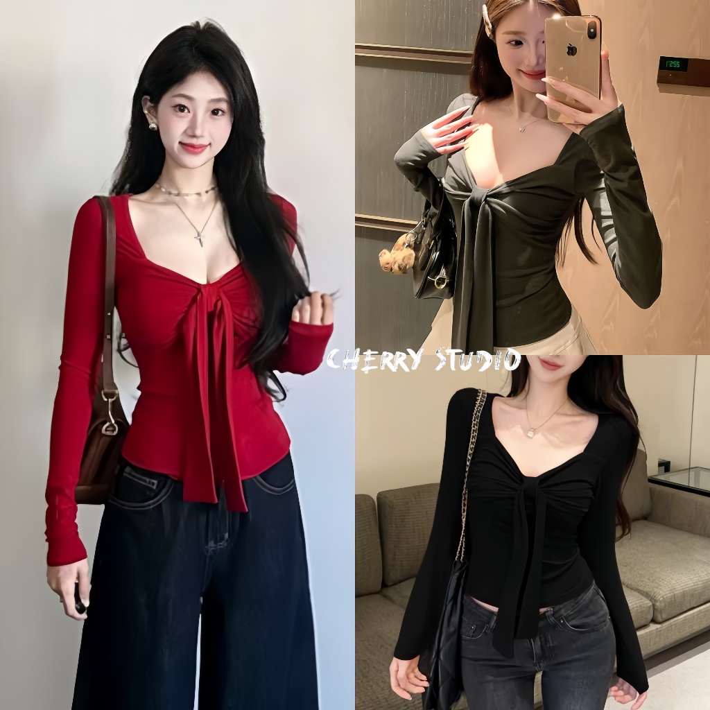 Cherryพร้อมส่ง🌈สวยหรูรับเทศกาล! เสื้อแดงแขนยาวคอวีผูกโบว์จีบ ครอปต์ฟิตมีคลาสเสื้อสีแดงสีแดงปีใหม่คริสต์มาส