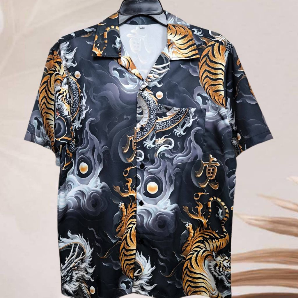 เสื้อเชิ้ตฮาวาย ลายเสือมังกรเท่ๆ  (พื้นสีดำ) ผ้าไหมอิตาลี