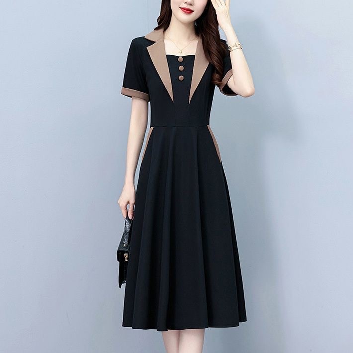 เดรสทำงานสีดำ ปกสูท เนื้อบาง ทรง A-Line ยาวปิดเข่า ปรับรูปสวย ใส่ไปทำงานหรืองานสำคัญก็ดี