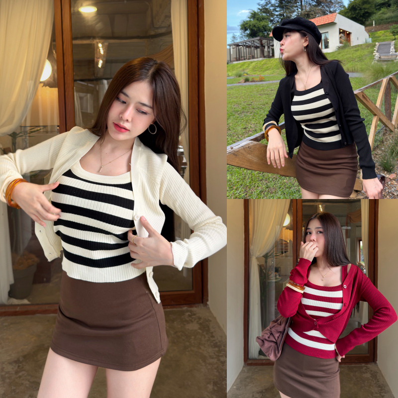 SpinnyHouse ชุดเซ็ต2ชิ้น เสื้อสายเดี่ยว+ครอปเสื้อคลุม ผ้าไหมพรมยืดเยอะมาก สาวอวบใส่ได้ เสื้อใส่ทำงาน รุ่น มอเตอร์