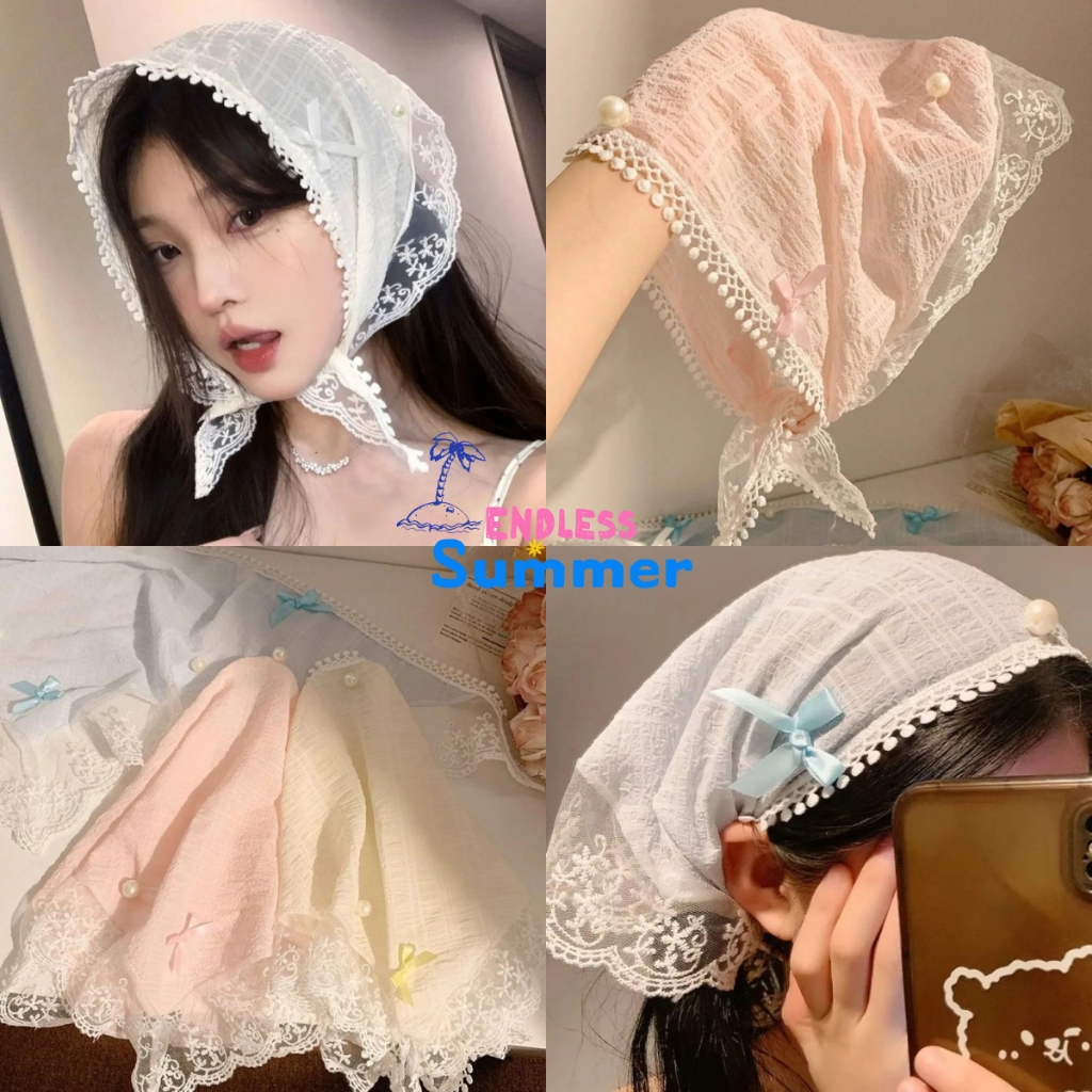 💖ผ้าคลุมศีรษะ ทรงสามเหลี่ยม การตกแต่งโบว์ คนขี้เกียจ  ลูกไม้ ลายดอกไม้ หวานและน่ารัก ใส่สบาย