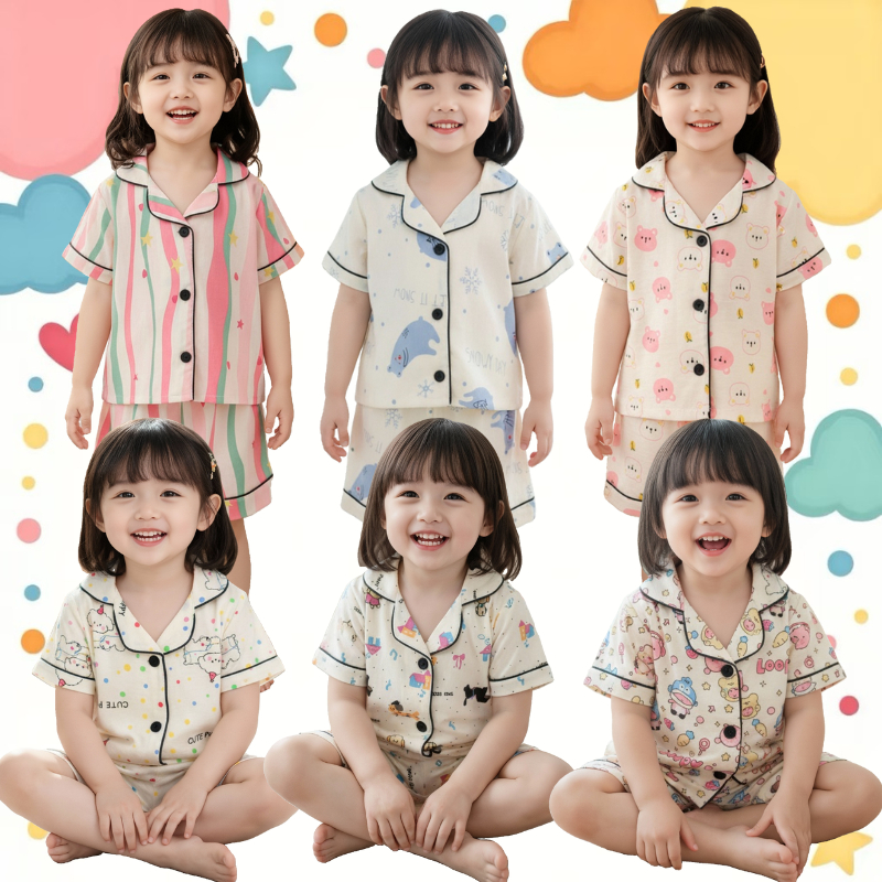 🌸จัดส่งทันที🌸ชุดนอนเด็ก 1-7 ขวบ ชุดนอนเด็กผู้หญิง แขนสั้นขาสั้น ผ้านุ่มนิ่มมาก ลายการ์ตูนน่ารักๆ
