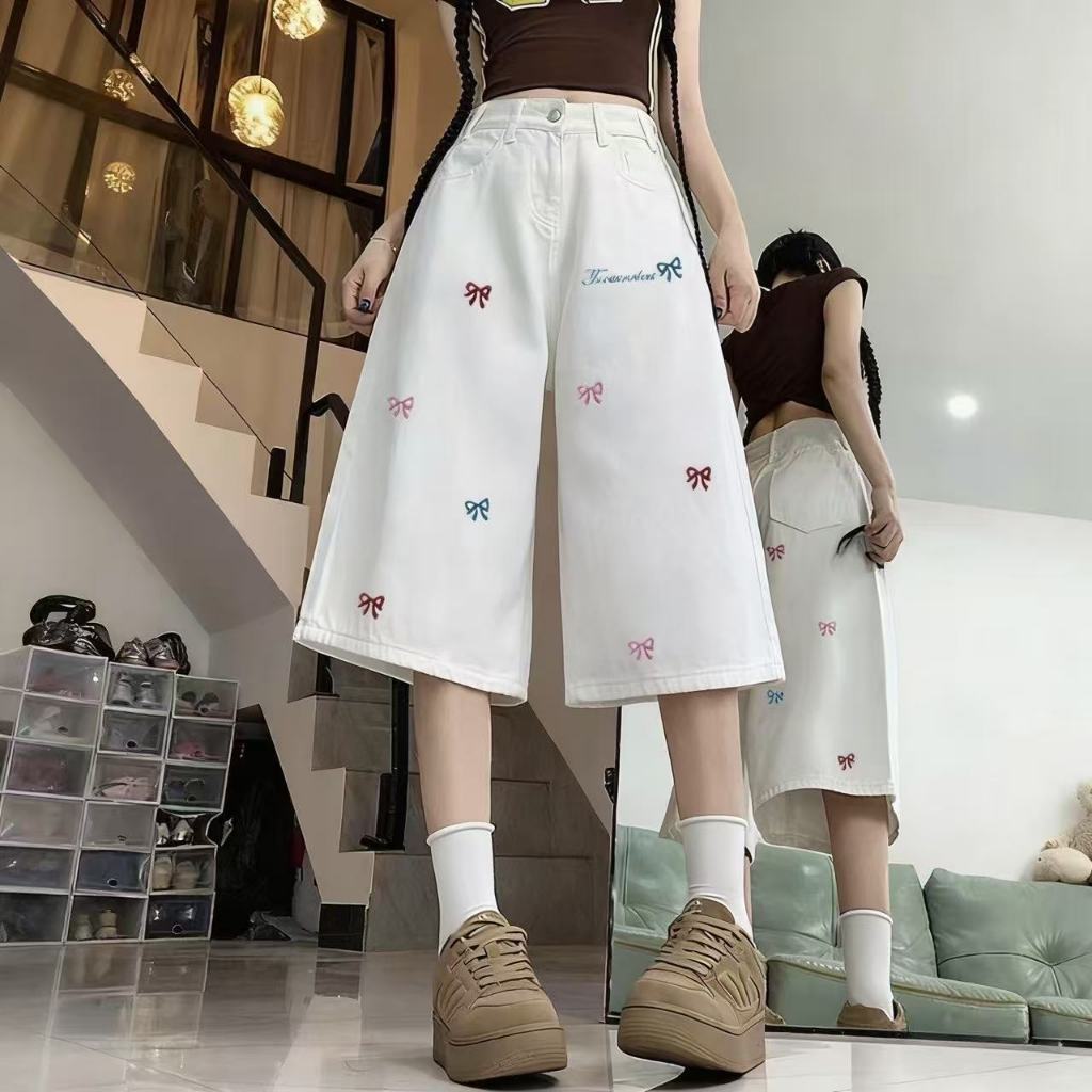 S-10XL กางเกง 7 ส่วน ปักโบว์สุดน่ารัก ผ้านิ่มใส่สบายระบายอากาศได้ดี - รูปที่ 3