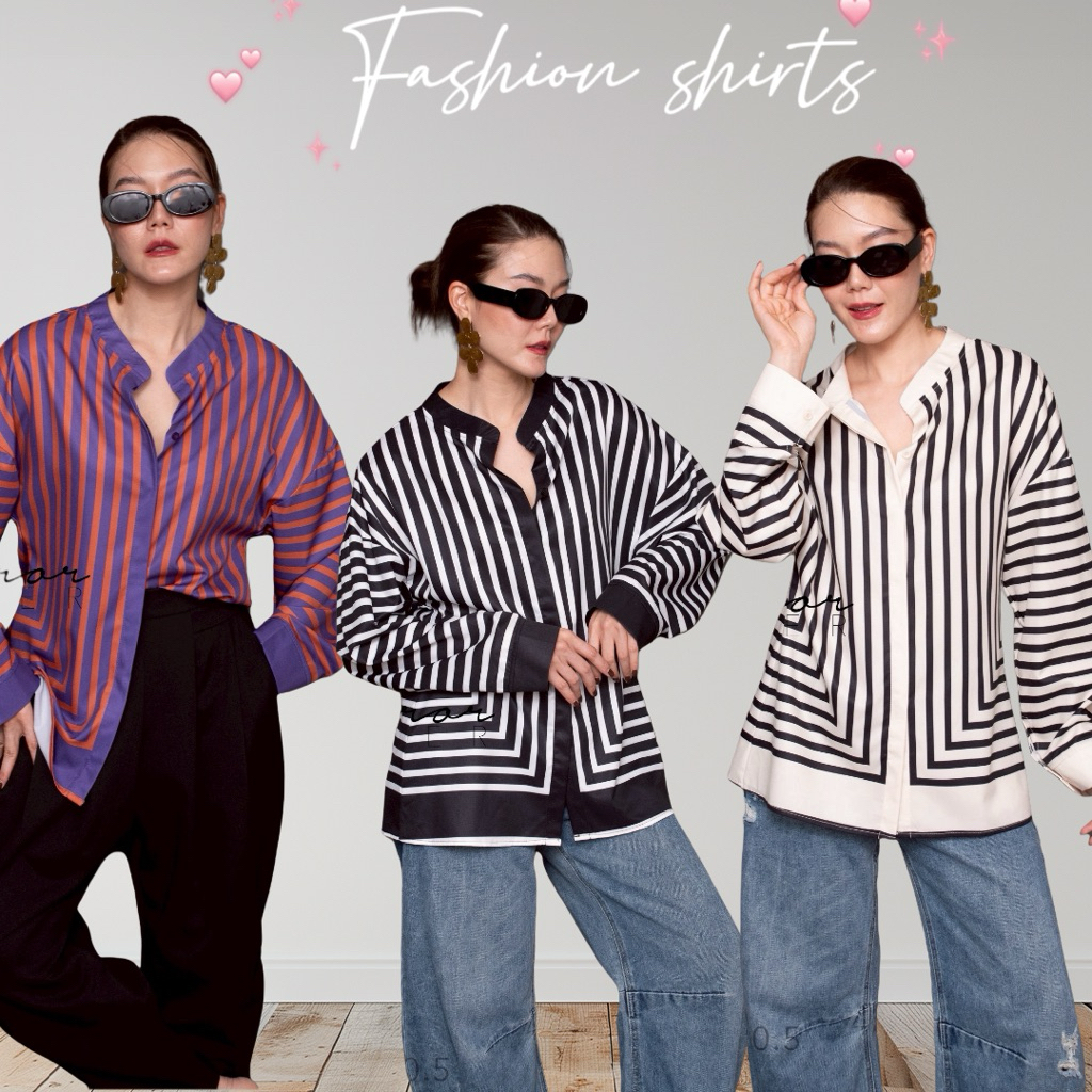 MirrorsisteR 51120.5 เสื้อคอจีนทรงสวย ผ้าเงา เนื้อดี ลายกราฟิกเส้นแนวตั้ง–แนวนอน