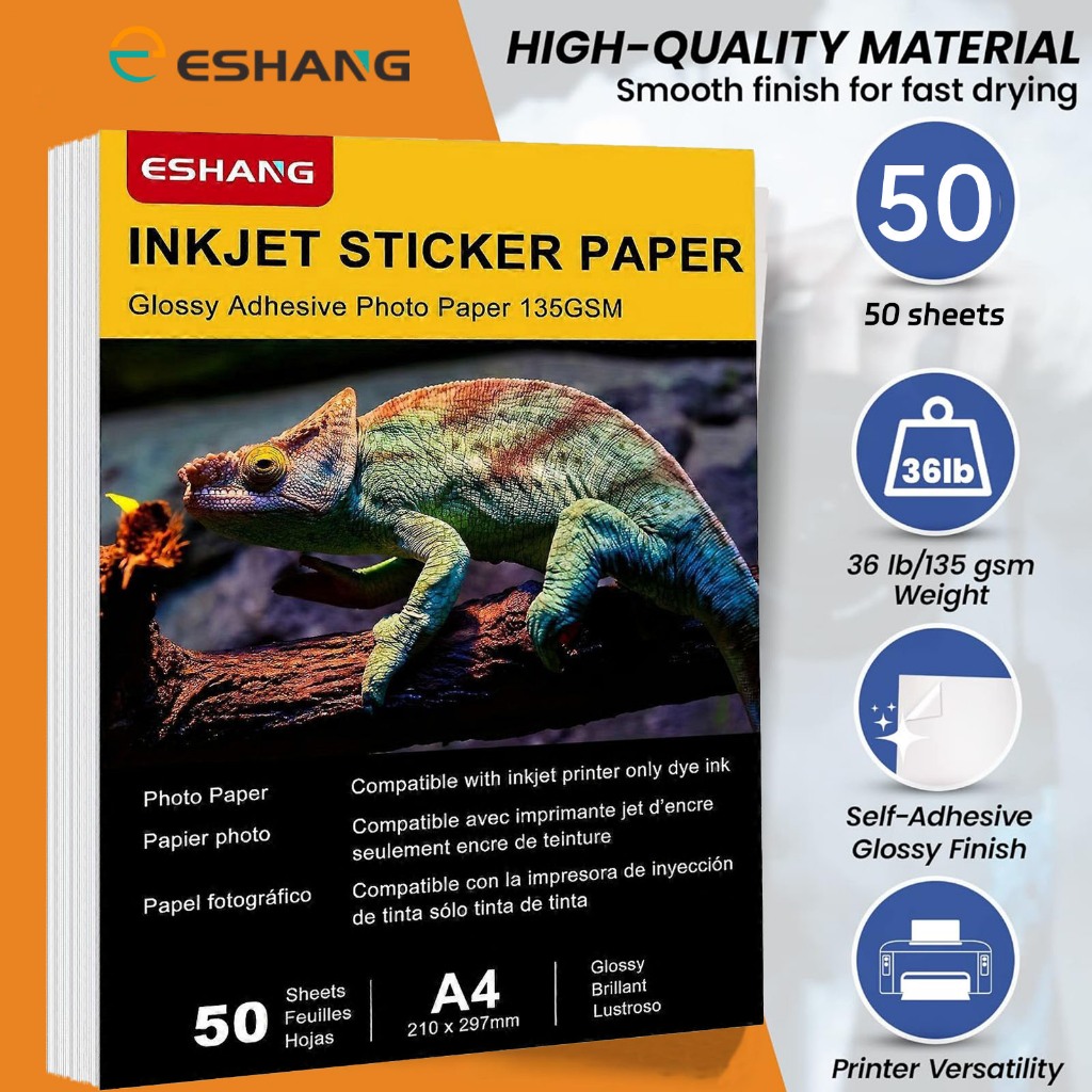 50 Sheets, Self-Adhesive Photo Paper, A4 Glossy Sticker Paper for Inkjet Printer, 8.3 x 11.7 Inch 135 gsm 36Ib