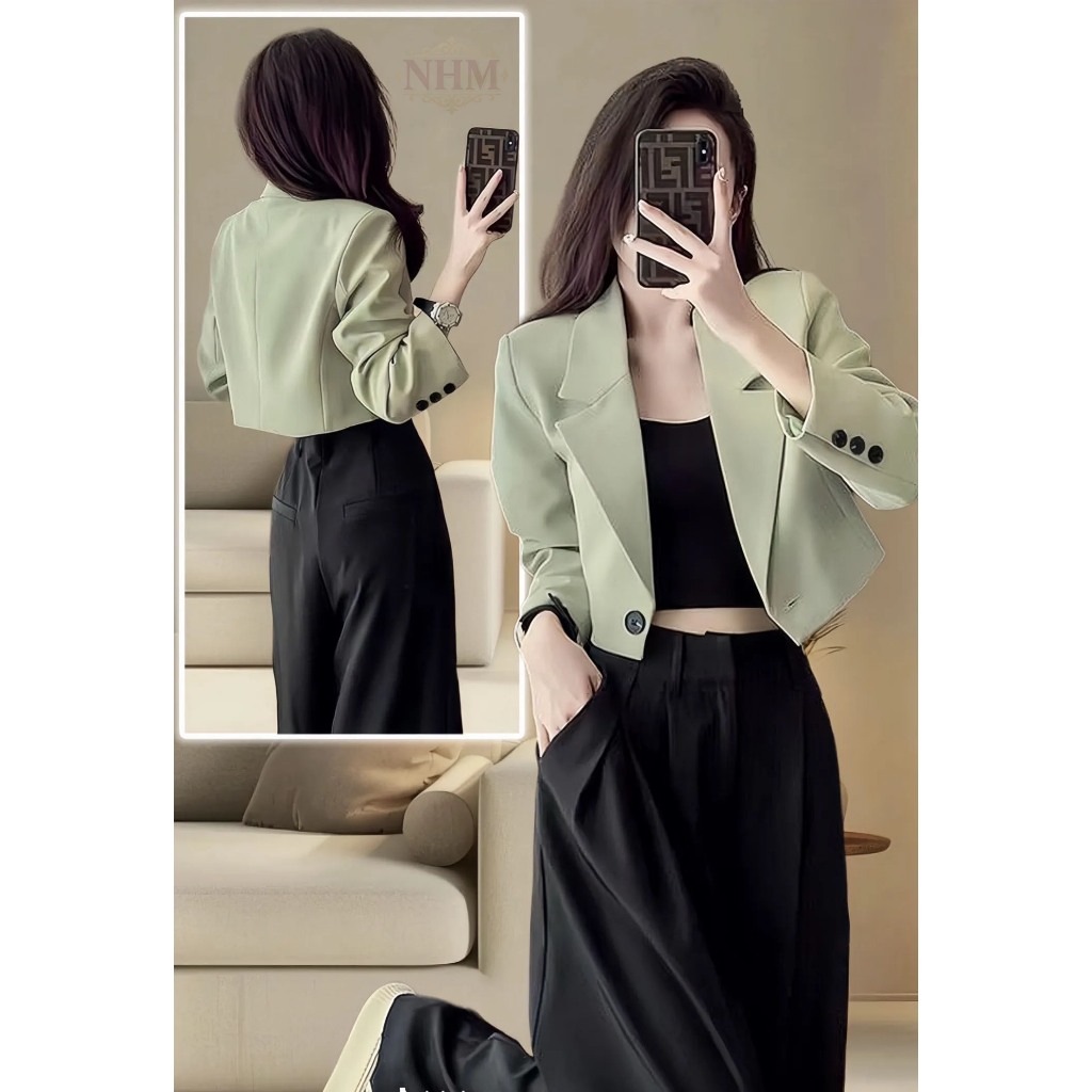 สินค้าจุด💃Cropped Blazer ผู้หญิง All-match โค้ททรงหลวม อังกฤษสไตล์ ปลอกที่คอ Noched Collar ปุ่มชิค