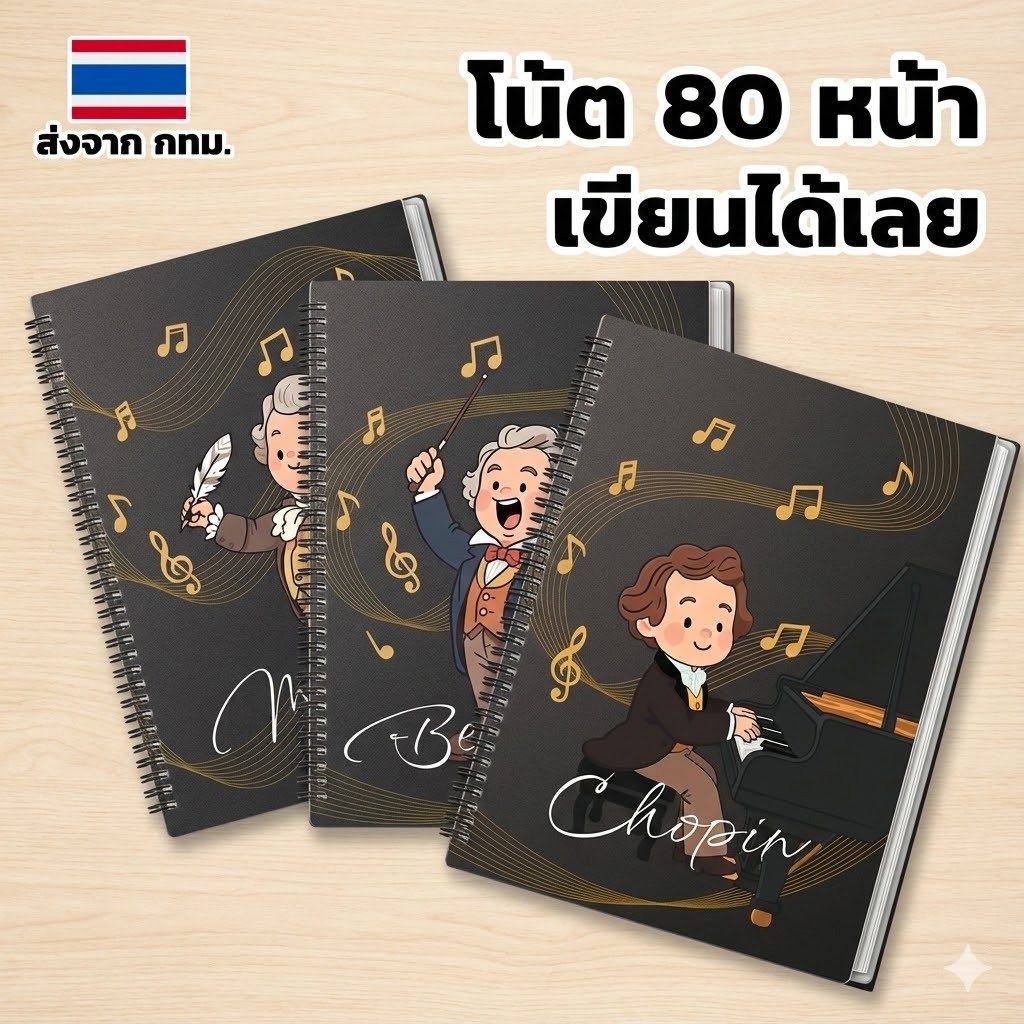 แฟ้ม สันห่วง ปกรูปคีตกวี โน้ตเพลง 80 หน้า (40 ซอง) เขียนได้เลย ไม่ต้องดึงออกมา / Composer Design Binder Folder, 80 pages