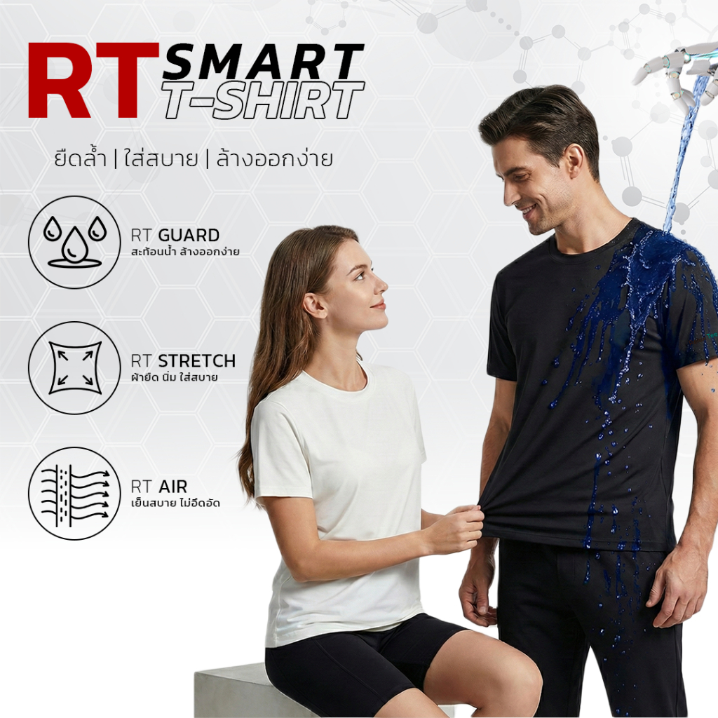 RelaxTee เสื้อยืดแขนสั้นยูนิเซ็กส์ 3 การป้องกัน ระบายอากาศดี สวมใส่สบาย กันน้ำ กันน้ำมัน กันคราบ ผ้า