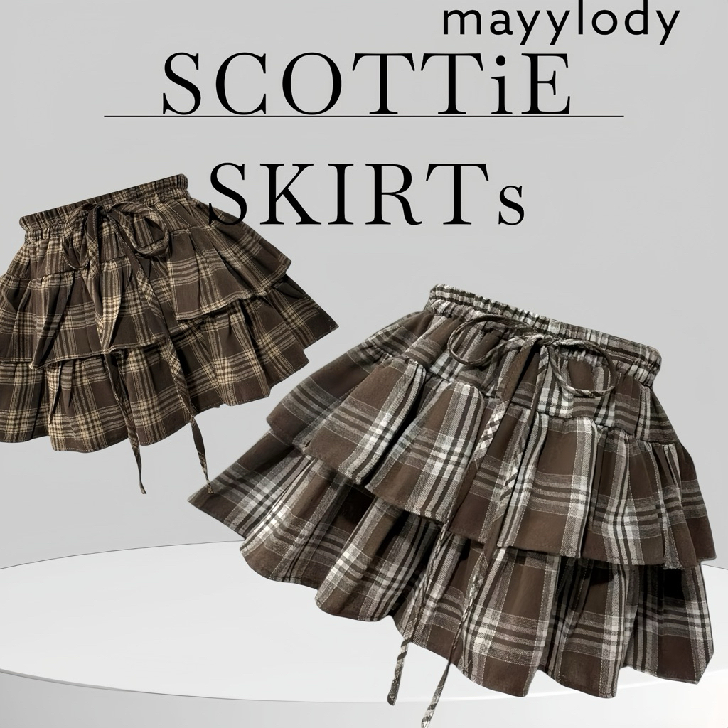 mayylody  Scottie Pastel Skirt กระโปรงสั้น ลายสก็อตสีหวานพาสเทล จับจีบระบายชั้นๆ (มีซับใน)   กระโปรง กระโปรงสีน้ำตาล