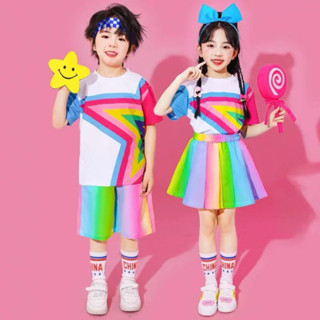 ชุดเต้นเด็กสีรุ้งสดใส (แถมถุงเท้ายาวคนละลายในภาพ)ชุดเชียร์พร…
