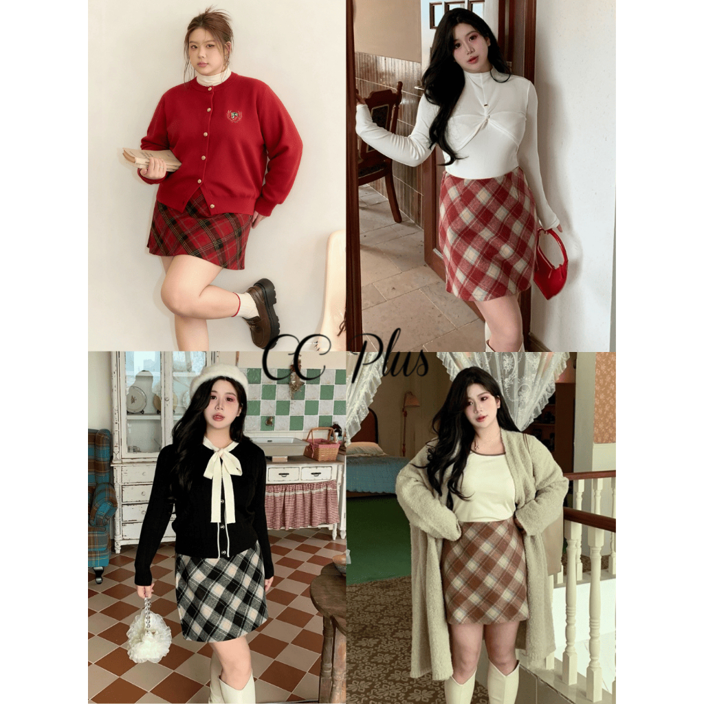 CiCi Plus+(2635)กระโปรงทรงเอ ผ้าสักหลาดลายสก๊อต ดีเทลซิปรูดด้านหลัง มีซับด้านใน มินิมอล แฟชั่นฤดูหนาว
