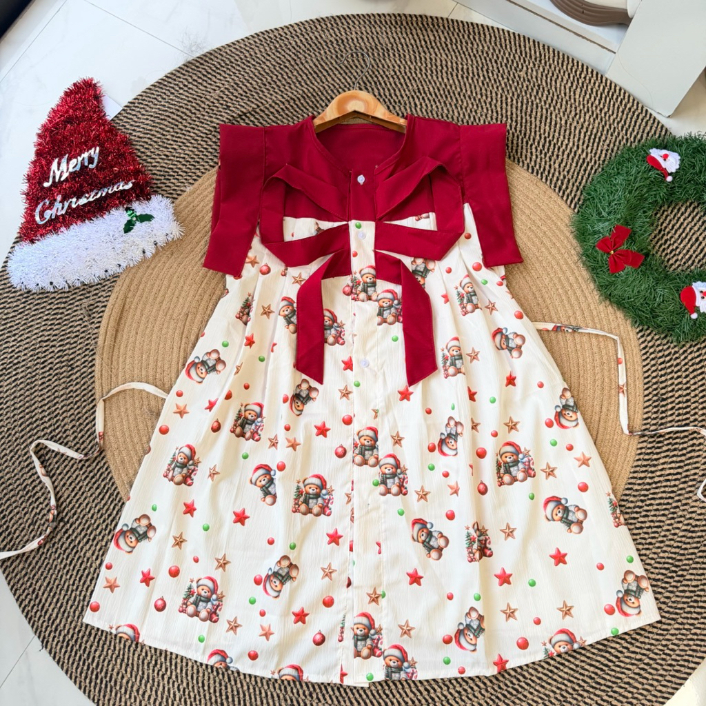Dress( แขนล้ำ )กระดุมโบว์ใหญ่ แต่งสีพื้น ( non - 03 X Christmas ) 🎅🏻❤️ - รูปที่ 3