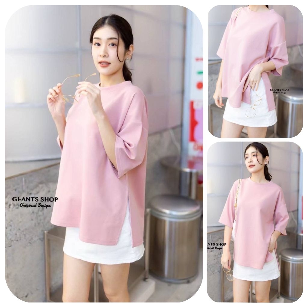 GI-ANTS (หน้าผ้า46") เสื้อยืดคอกลมผ่าข้างทรงOversizeไหล่ตก