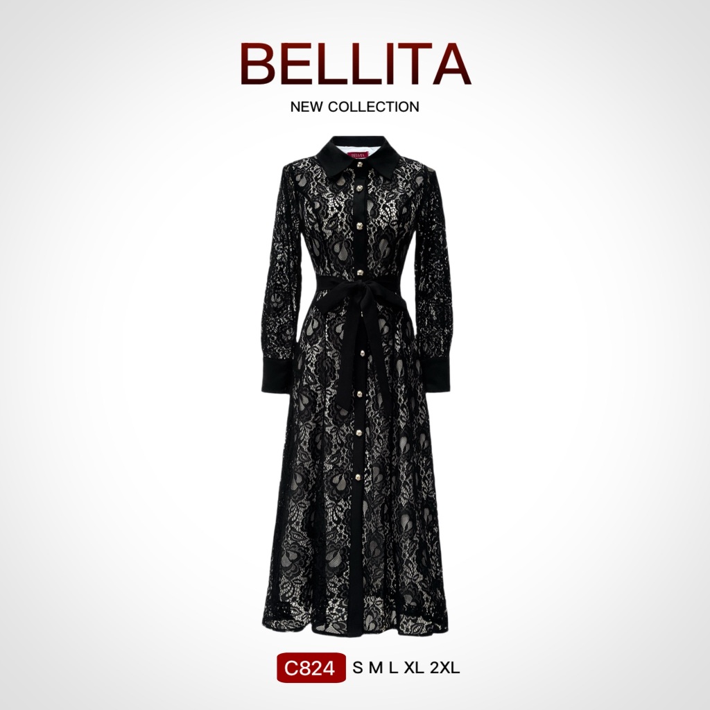 C824 BELLITA เดรสยาวผ้าลูกไม้เนื้อนิ่ม ดีเทลกระดุมหน้า ซับในทั้งชุด ใส่เที่ยว คาเฟ่ ออกงาน