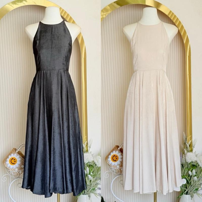 [LISA] A1245 ชุดเดรสกระโปรงยาวคอกลมแขนเว้ากระเป๋าข้าง เรียบหรูผู้ดี ใส่ออกงาน ดินเนอร์ งานมงคง คาเฟ