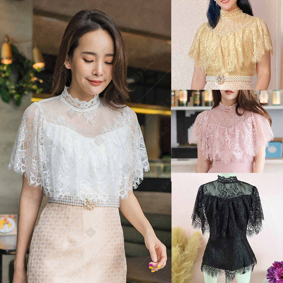 S-XXL✨เสื้อลูกไม้ใส่ไปงาน เสื้อชุดไทยประยุกต์ สีขาว/ชมพู/ทอง/ครีม/ดำ แต่งระบายใส่กับผ้าถุง,กระโปรง,ก