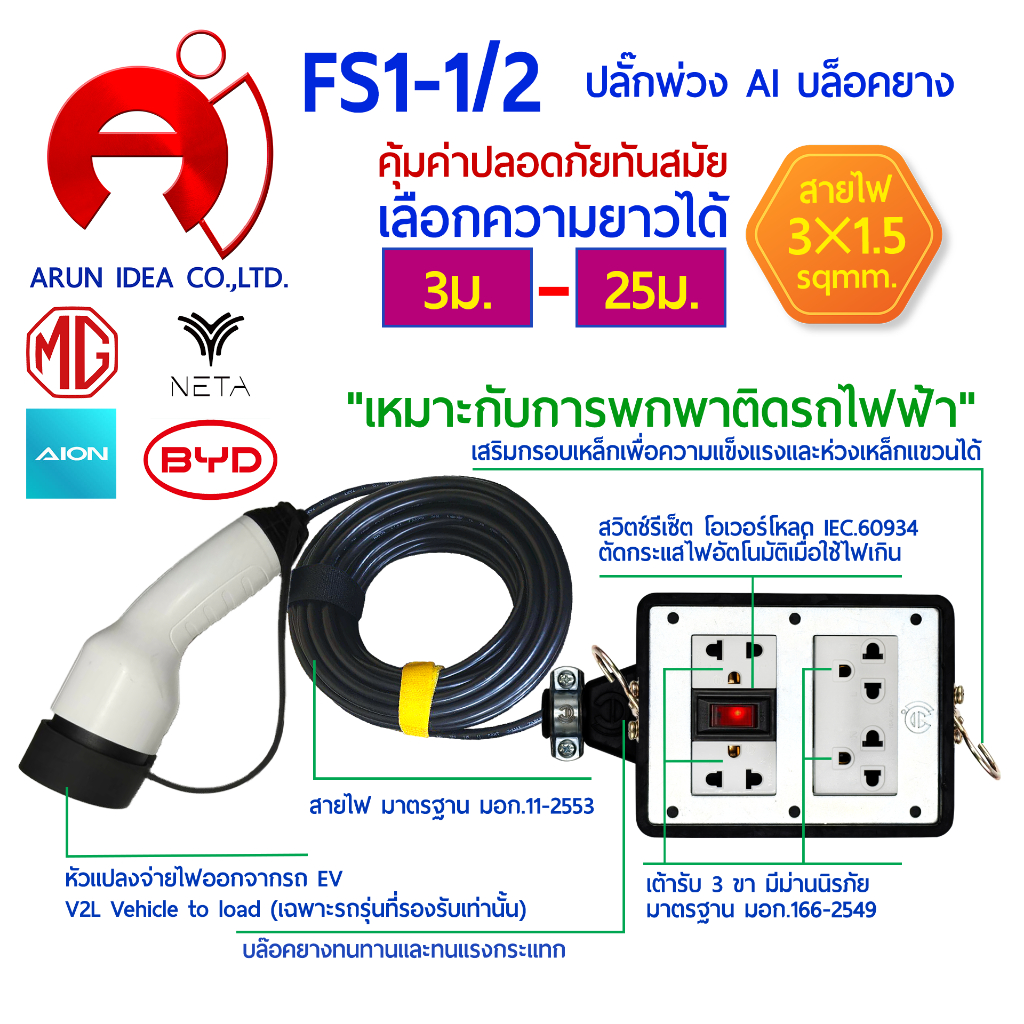 ปลั๊กพ่วงแปลงจ่ายไฟออก สำหรับรถไฟฟ้า V2L Vehicle to load เต้ารับ 4 ช่อง มีตะขอแขวน ความยาว 30 - 100 