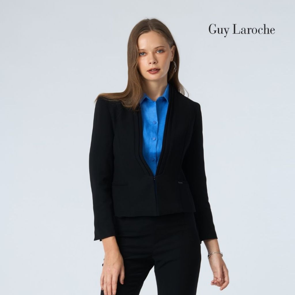 Guy Laroche แจ็คเก็ตทำงานผู้หญิง คอวี เข้ารูป แขนยาว ทรงครอป สีดำ G9R2BL - รูปที่ 3