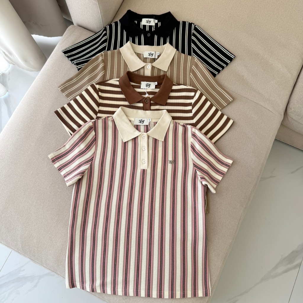 SISSY : เสื้อแขนสั้นคอปก (S-XXL) ปักอะไหล่เงิน กระดุมหน้า ใช้งานได้จริง มี 3 โทนสี น้ำตาล-ครีม , ชมพู-ครีม และ เบจ- ครีม