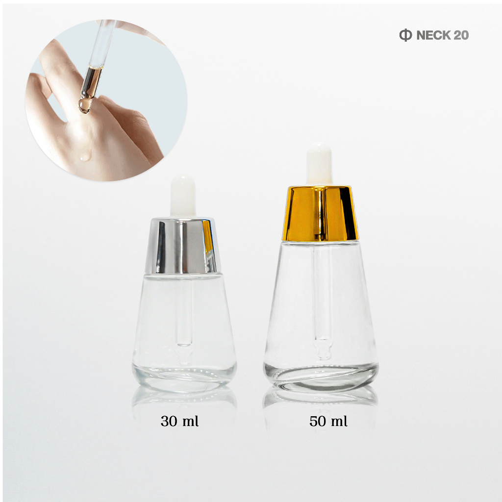 [COSS]ขวดแก้วสีใส (ทรงกระดิ่ง ) ขนาด 30-50ml ดรอปเปอร์ทอง/เงิน แพ็กเกจจิ้งเครื่องสำอาง พร้อมส่ง ราคาถูก
