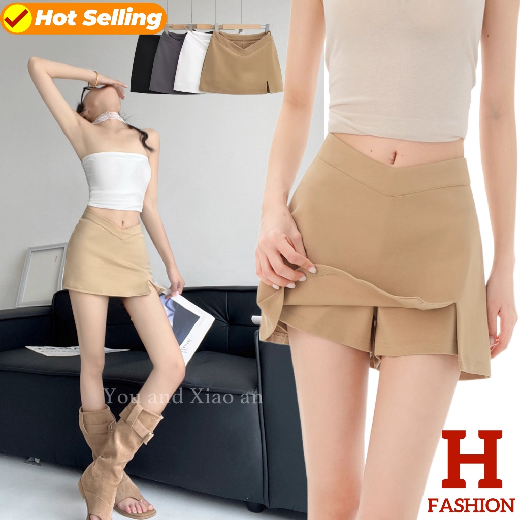 HOT ‘พร้อมส่ง’  กระโปรงครึ่งตัวแยกออกแบบเอว V พร้อมกางเกงเซฟตี้-7315