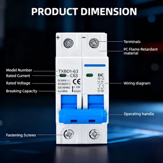สวิตช์แบตเตอรี่เบรกเกอร์ พลังงานแสงอาทิตย์ 2P DC MCB 1000V AC 400V 63A/ สําหรับระบบ Photovoltaic PV