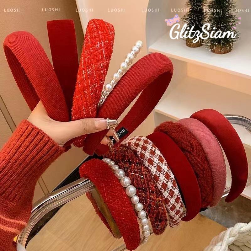 Glitzsiam ที่คาดผมสีแดงสำหรับฤดูใบไม้ร่วงและฤดูหนาว ที่คาดผมสำหรับคริสต์มาสและปีใหม่ หลากหลายสไตล์ วัสดุนุ่มฟู .