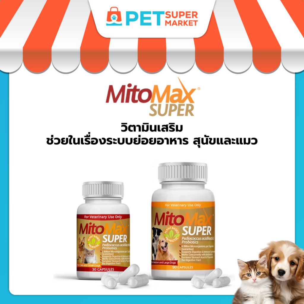 [30 เม็ด] MitoMax Super Small and Medium-Large อาหารเสริมบำรุงระบบย่อยอาหาร สำหรับสุนัขและแมว