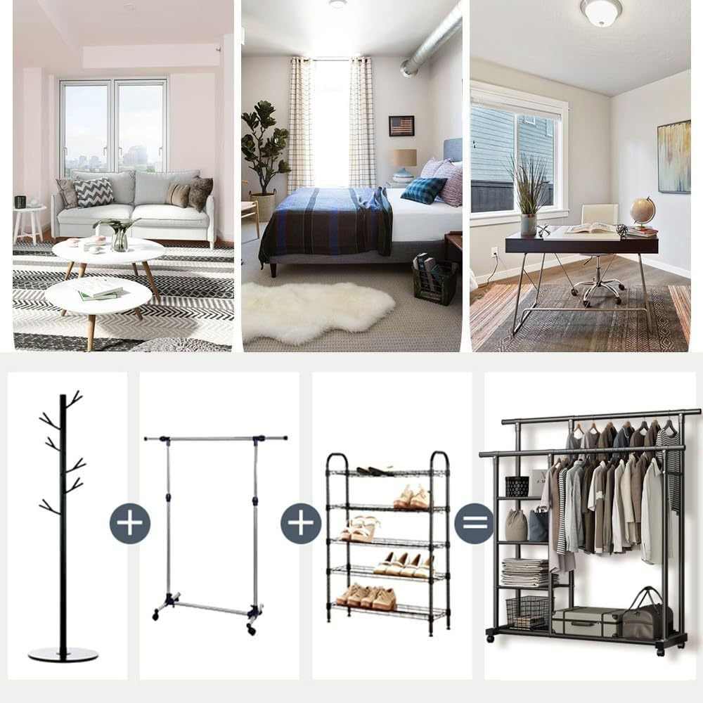 ราวแขวนผ้าสองบาร์เหล็กพร้อมล้อชั้นวางของ 2 ชั้น พร้อมชั้นวางข้างรับน้ำหนักได้มากกว่า20KG ราวแขวนผ้า - รูปที่ 2