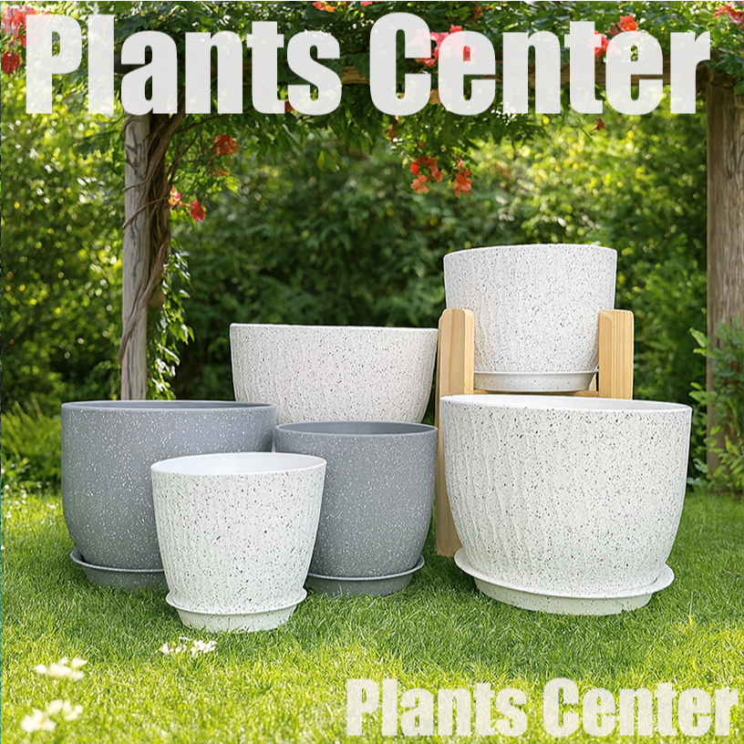 Plants Center กระถางต้นไม้ ขนาดใหญ่ พร้อมถาดรองกระถาง ลายหินแกรนิต คลื่นน้ำสวยงาม ทนทานทนแดด T059