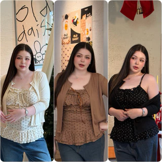 LindaaPlus-- เซ็ตสายเดี่ยวลาย polka dot งานเลเยอร์ 2 ชั้น + เสื้อคลุมงานผ้าร่อง