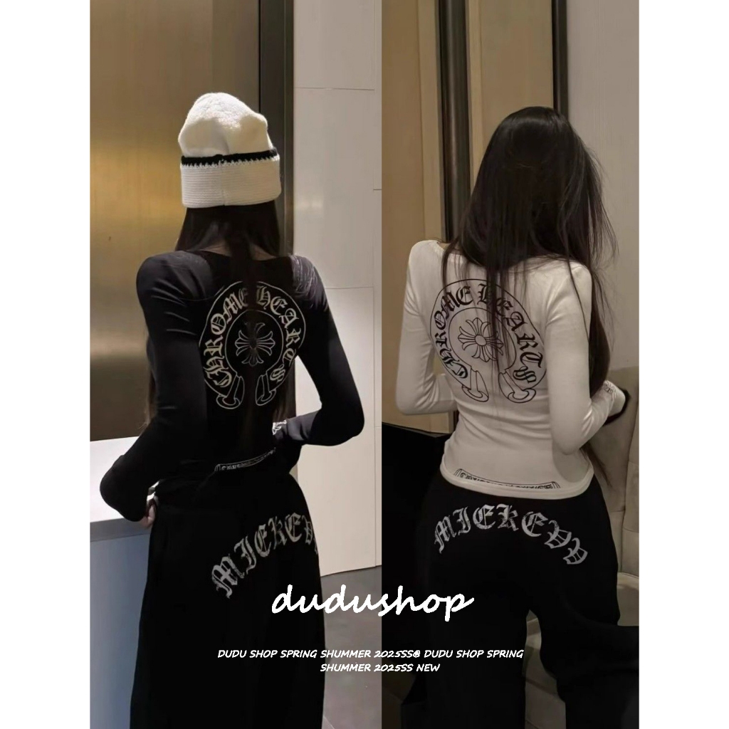 [Slim fit round neck long-sleeved T-shirt]เสื้อยืดคอกลมแขนยาวทรงสลิมฟิตพิมพ์ลายสไตล์เรโทรสำหรับผู้หญิง