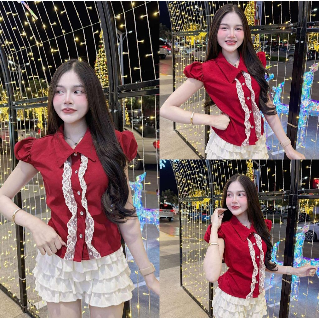 เสื้อคอปก แขนตุ๊กตา ติดกระดุมเพชร งานฮิตสุดๆ ผ้านิ่มใส่สบายงานสวยเด้อ