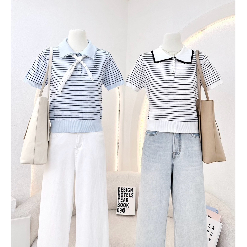 WA YA เสื้อโปโลลายริ้ว แต่งปกขอบลูกไม้